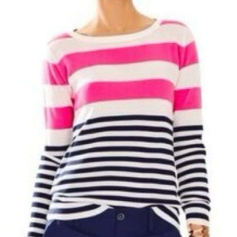 Lilly Pulitzer Gwyneth Stripe Sweater Pink Navy White Cotton Wool Blend Size L